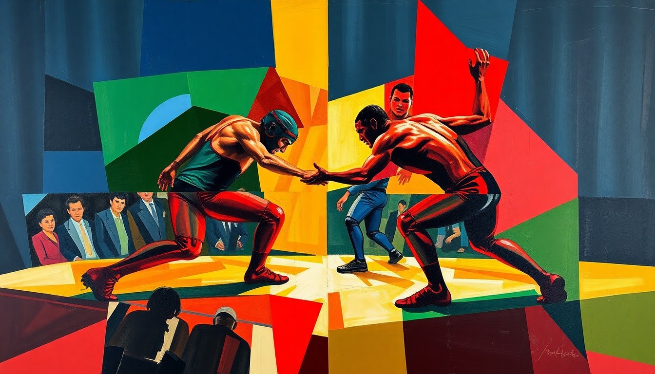 A fractured, multi-angled painting depicting the action and movement of a wrestling match, with sharp geometric shapes and planes in a bold color scheme representing the power and skill of the competitors.