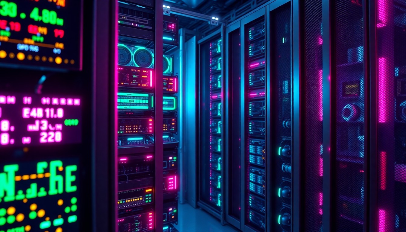 A highly detailed, glowing 3D macro illustration of a futuristic data center server rack, with intricate hardware components illuminated by neon cyan and magenta lights, conceptually representing the advanced data infrastructure and AI-powered tokenization technologies that Datavault AI will showcase.