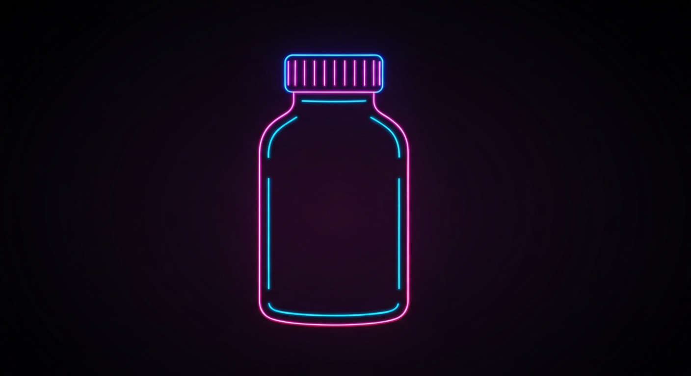 A glowing neon outline of a medicine bottle against a dark background, conceptually representing the safe disposal of medications.