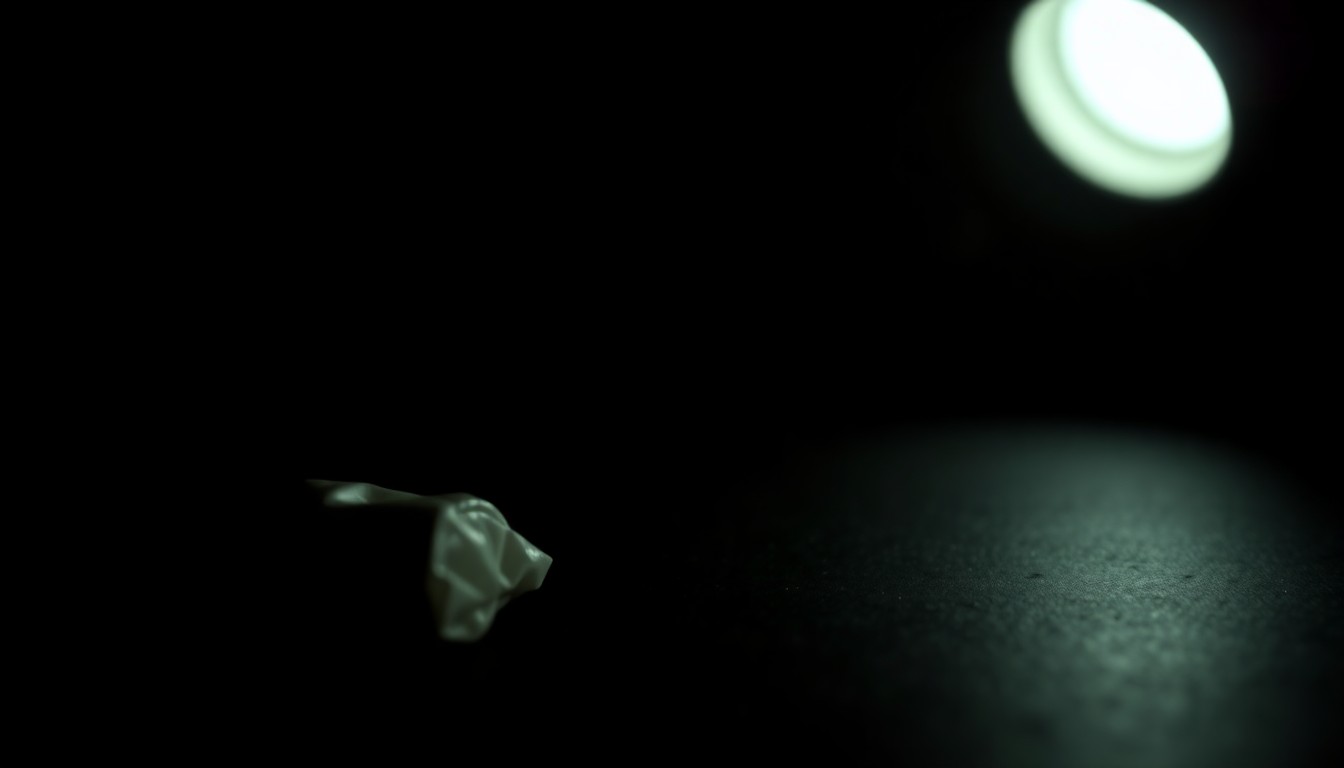 An extreme close-up photograph of a single, unidentifiable personal item or piece of evidence related to the Sara Bushland disappearance case, lit by a harsh, direct camera flash against a pitch-black background, creating a stark, gritty, investigative aesthetic.