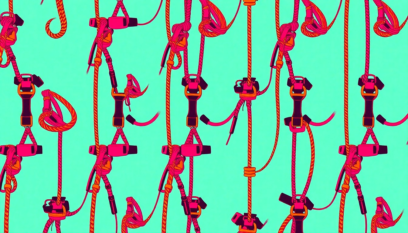 A highly stylized, brightly colored silkscreen print depicting a rappelling harness and rope repeated in a tight grid pattern, conceptually representing the tools and equipment used by the daring rappel graffiti artists to access and paint the sides of tall buildings in Los Angeles.