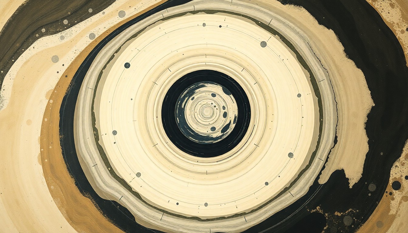 A bold, abstract painting in the style of Hilma af Klint, featuring sweeping geometric arcs, concentric circles, and precise spirals in earthy tones, conceptually representing the complex forces and concepts of lunar geology and exploration.