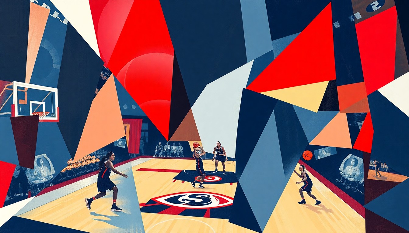 A cubist-style painting featuring sharp, overlapping geometric shapes in navy blue, red, and white, abstractly representing the action and intensity of a WNBA basketball game.
