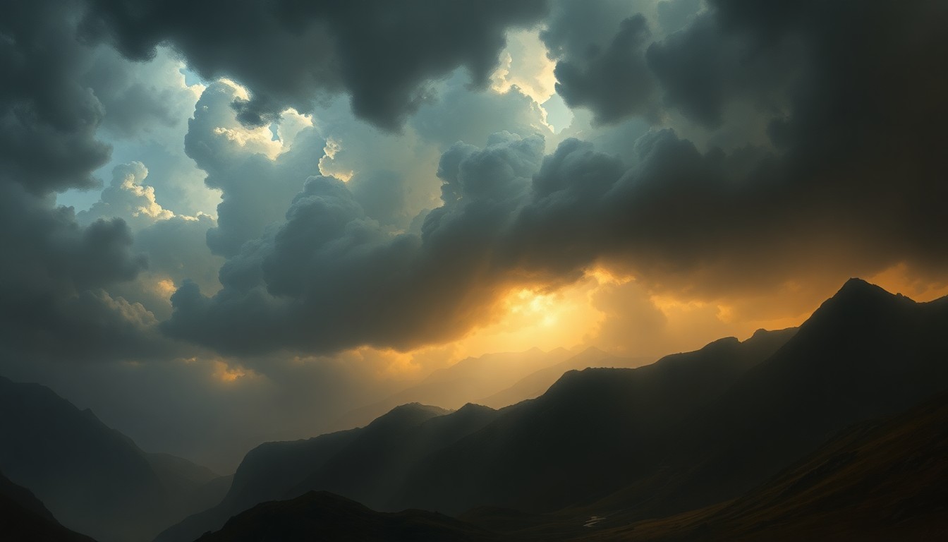 A vast, majestic landscape painting in muted tones of gray, blue, and gold, with dramatic clouds and atmospheric lighting that dwarfs any physical structures, conveying the overwhelming scale of an approaching storm.