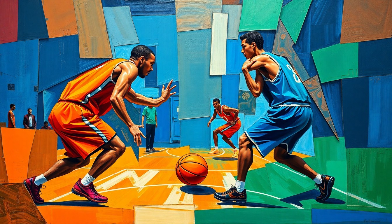 A fragmented, geometric painting depicting the action and movement of a basketball game, with the players' forms broken down into overlapping planes of vibrant colors.
