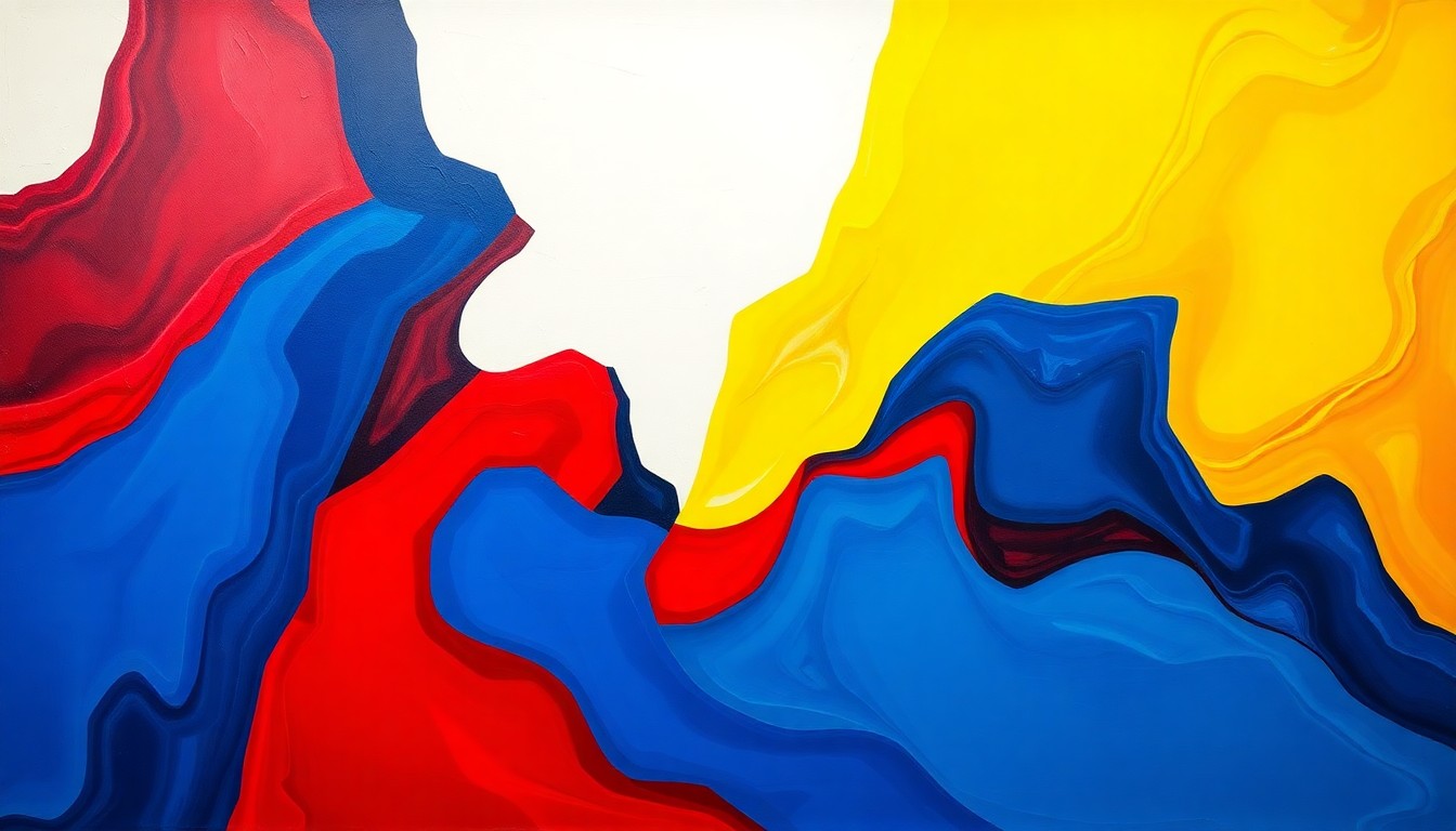 An abstract, dynamic painting featuring overlapping, fractured geometric shapes in deep blue, vibrant red, and bright yellow, conveying the political tensions and competing forces surrounding the Virginia redistricting referendum.
