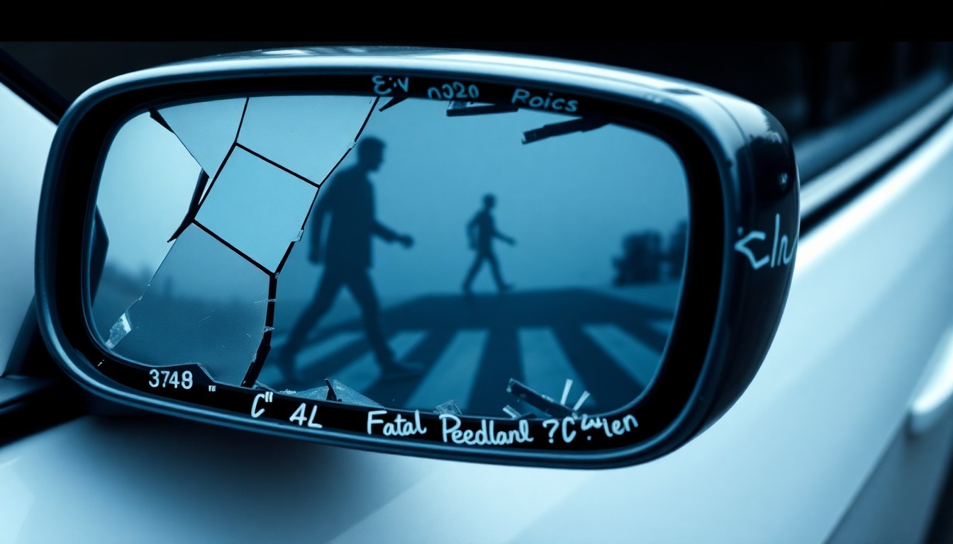 An extreme close-up of a shattered car side mirror reflecting the faint outline of a pedestrian crossing sign, conceptually illustrating the tragic consequences of a fatal collision on a local roadway.
