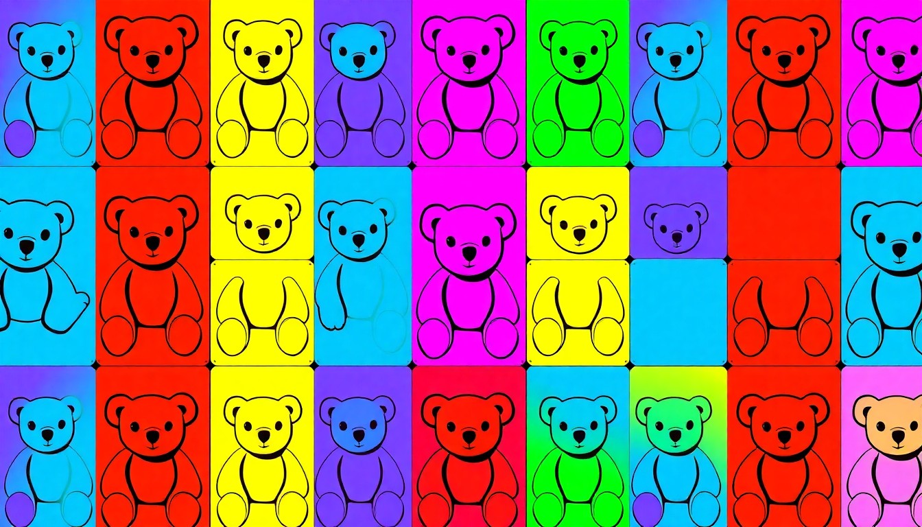 A colorful, abstract grid of a child's toy, such as a stuffed animal or building blocks, rendered in a bold, pop art style to represent the joyful energy and important work of the Just for Kids Child Advocacy Center.