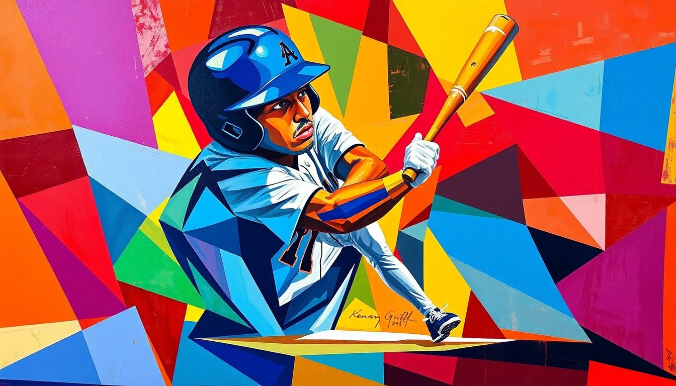A cubist-style painting depicting Konnor Griffin's RBI double in fragmented, geometric shapes and planes of the Pirates' team colors, capturing the dynamic energy of his debut moment.