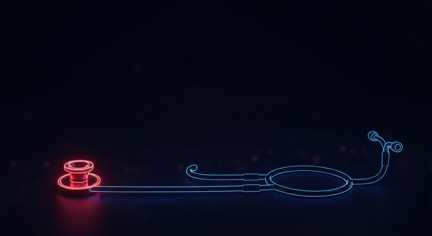 A minimalist design in the style of Keith Haring, where the outline of a stethoscope is defined by vibrant, glowing neon lines against a dark background, conceptually representing the energy and potential of the healthcare industry.