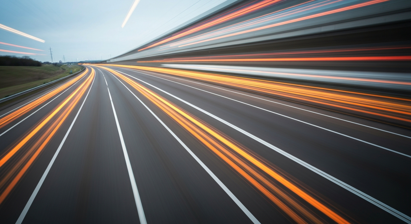 An abstract, colorful image of a vehicle in motion on a highway, with the car's shape blurred into sweeping streaks of color, conveying the dynamism and speed of Missouri's infrastructure upgrades.