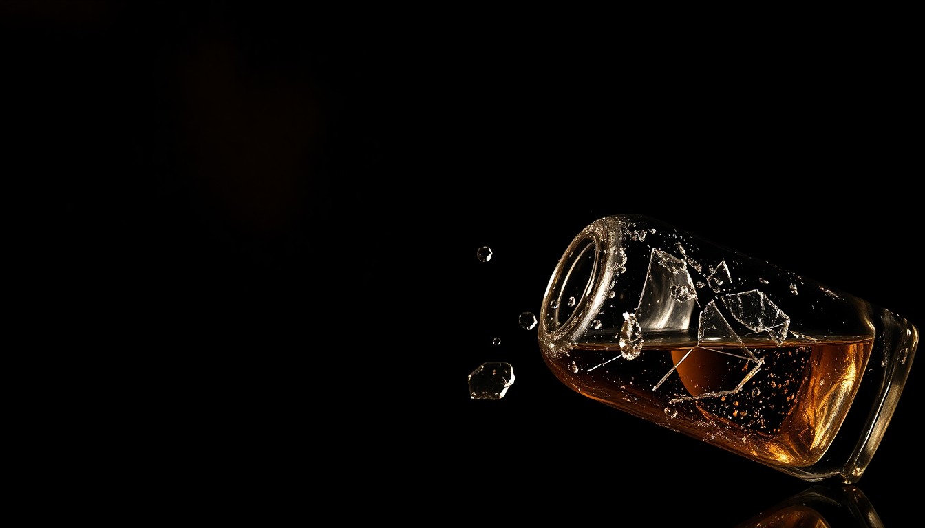 An extreme close-up photograph of a shattered glass liquor bottle against a pitch-black background, conceptually representing the closure of a problematic bar due to criminal activity.