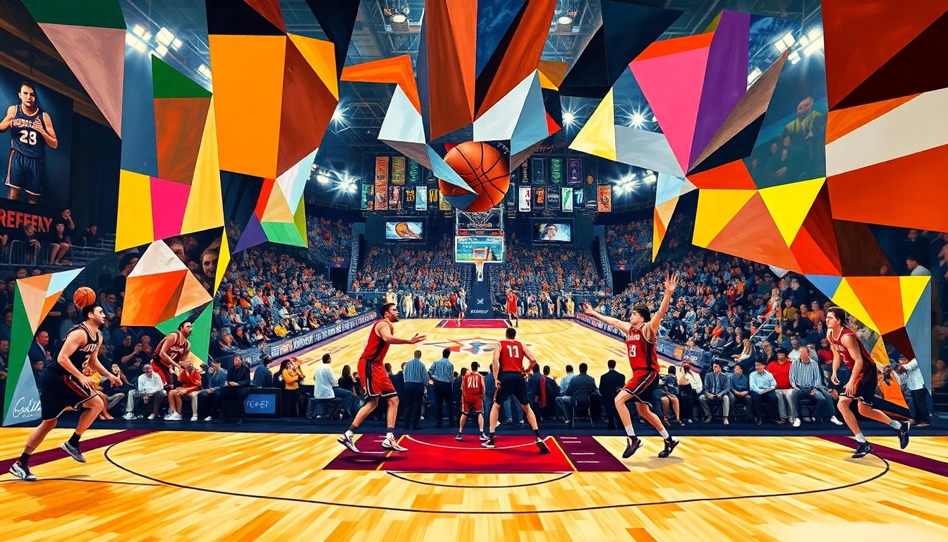 A cubist, geometric painting depicting an abstracted college basketball game, with the players' figures broken down into overlapping angular shapes in a vibrant color palette.