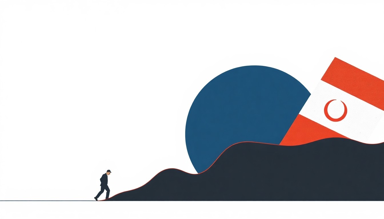 An abstract composition of overlapping triangles and rectangles in shades of dark gray, navy blue, and crimson red, conveying a sense of economic instability and uncertainty without using any literal financial symbols or text.