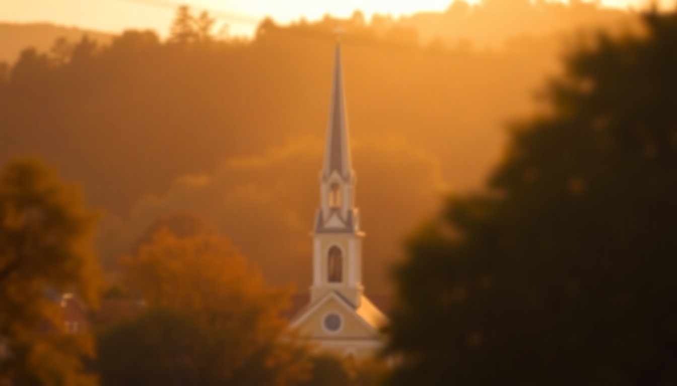 An abstract, impressionistic photograph of a church steeple and surrounding trees, captured in soft, warm light, conveying a sense of reverence and community.