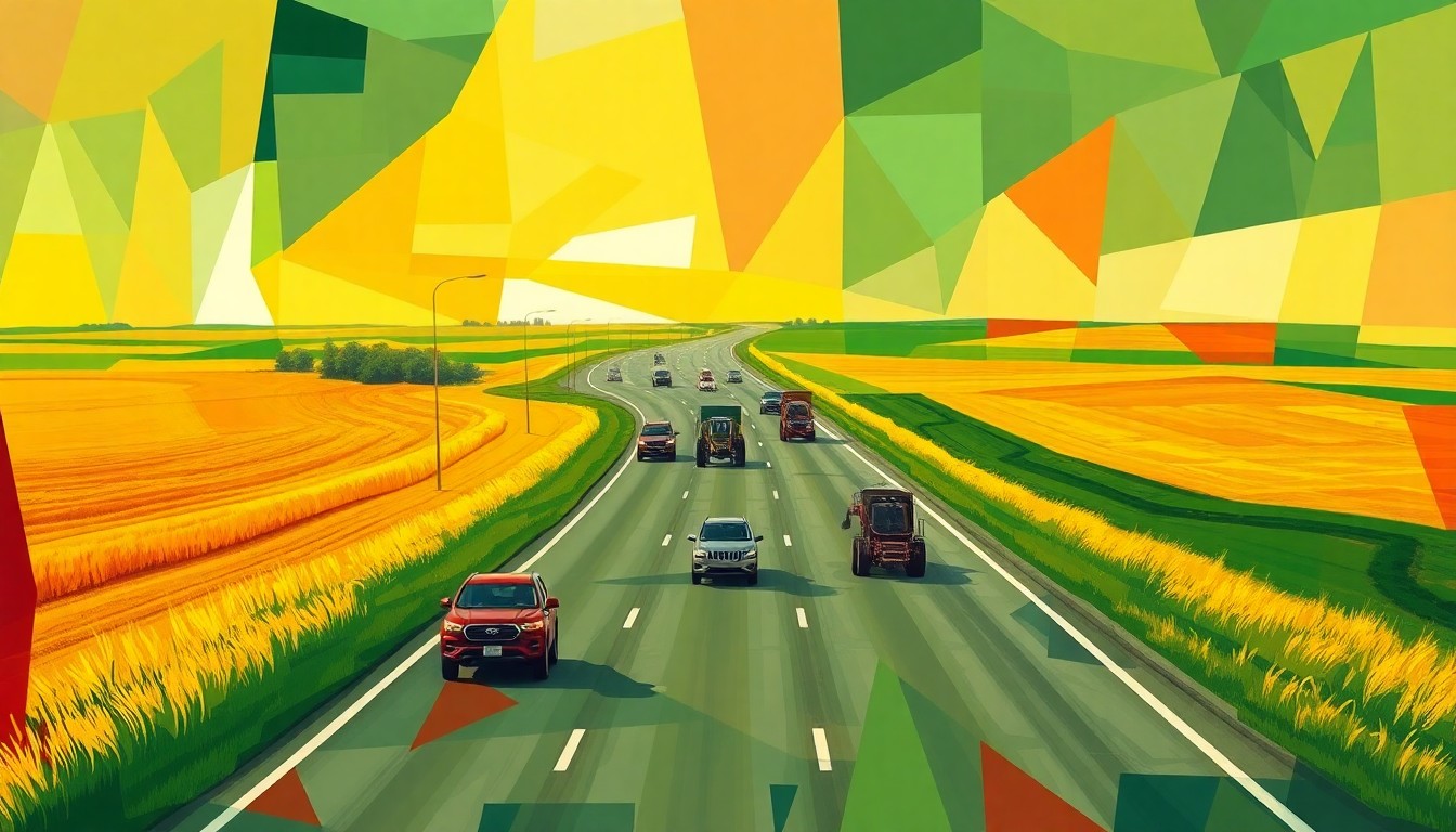 A fractured, abstract painting depicting the motion of cars and farm machinery on a rural Iowa highway, using bold, overlapping geometric shapes and a vibrant color palette to convey a sense of speed and progress.