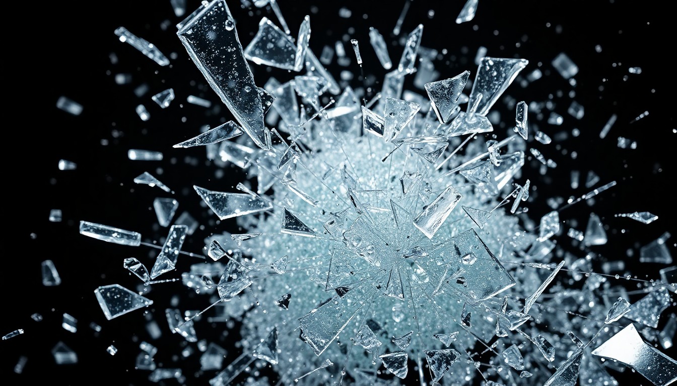 An extreme close-up of shattered glass and glittering shards in high-contrast studio lighting, conveying the fragmented and disrupted lives of those involved in the case.