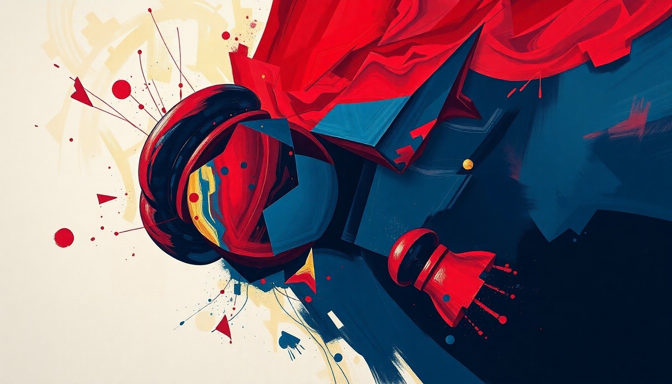 A dynamic, abstract painting featuring overlapping, geometric waves of deep red, navy blue, and gold, conveying a sense of political turmoil and upheaval through the fractured depiction of a political symbol.