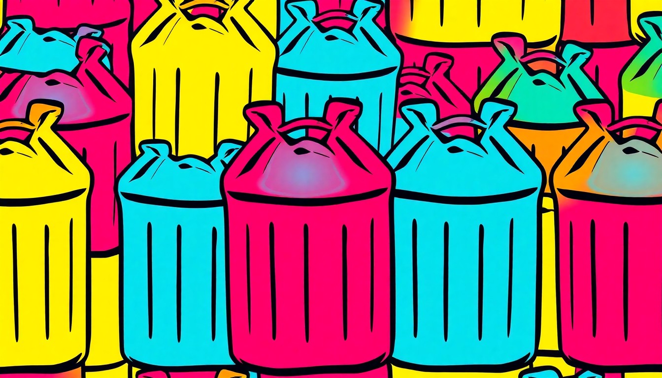 A bold, colorful silkscreen-style illustration featuring a repeating pattern of stylized trash bag icons in vibrant neon hues, conceptually representing the community-driven effort to maintain a clean and beautiful city.