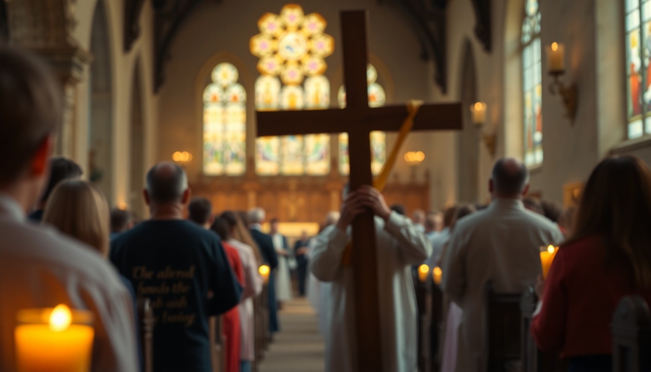 An out-of-focus scene of parishioners carrying a large wooden cross down a church aisle, with soft pools of warm candlelight and stained glass reflections, conceptually representing a religious ritual of contemplation.