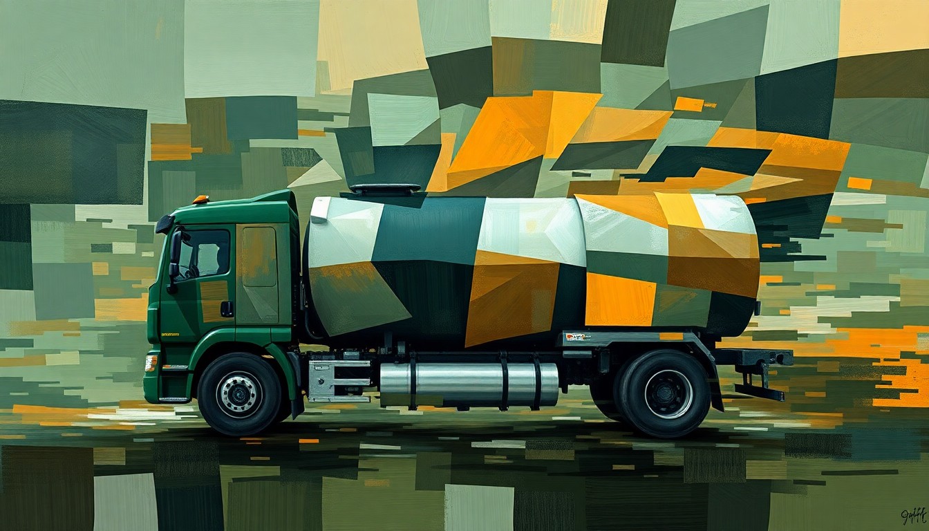 A dynamic, abstract painting with overlapping geometric shapes and brushstrokes in shades of green, brown, and gray, evoking the motion and disruption of increased oil tanker truck traffic.