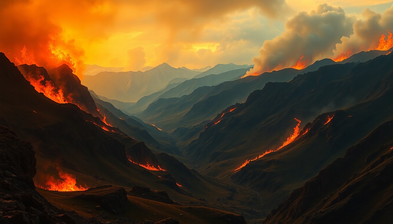 A vast, dramatic landscape painting in the style of Caspar David Friedrich, depicting a sweeping scene of a raging wildfire burning across a rugged, mountainous terrain, with the flames and smoke dwarfing the surrounding landscape and conveying the overwhelming, sublime scale of the natural disaster.