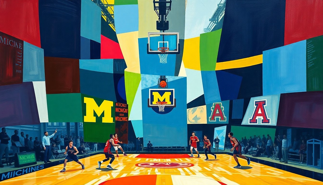 A cubist, geometric painting depicting a basketball game between the Michigan Wolverines and Arizona, with the players and court deconstructed into abstract shapes and planes of vibrant colors.