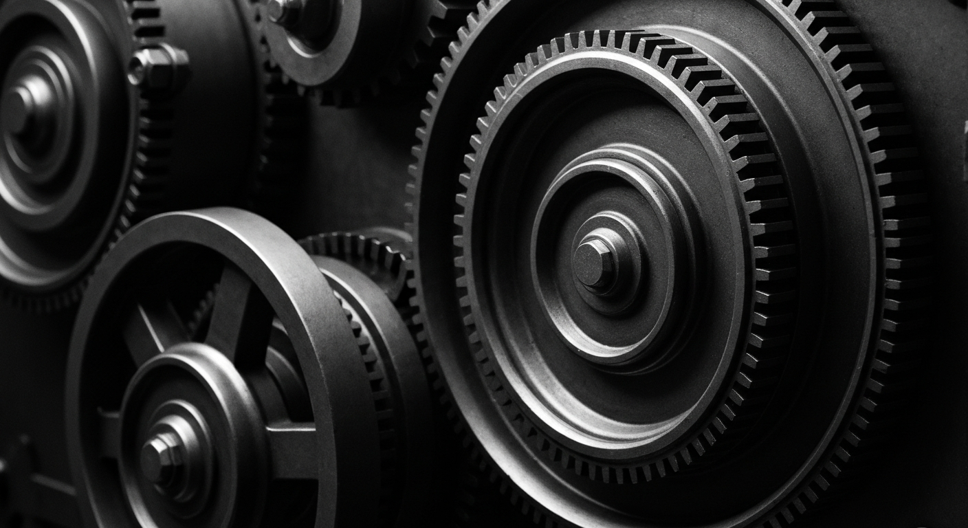 A high-contrast black and white close-up image of the gears and mechanisms of an industrial banking vault, representing the secure foundations of global finance as a metaphor for Amazon's financial infrastructure.