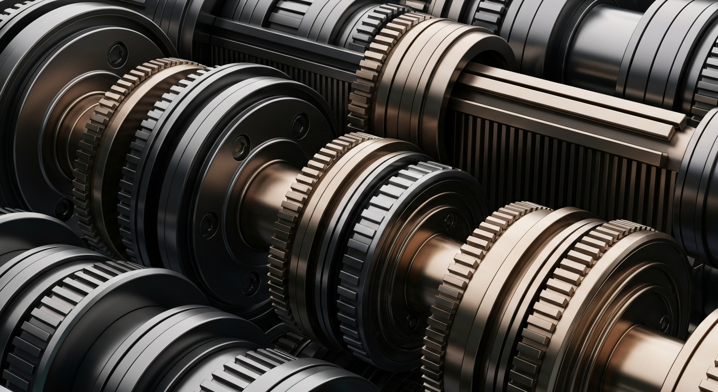 An extreme close-up of gears, levers, and other heavy industrial banking components in muted metallic tones, conveying the secure, mechanical nature of financial institutions.