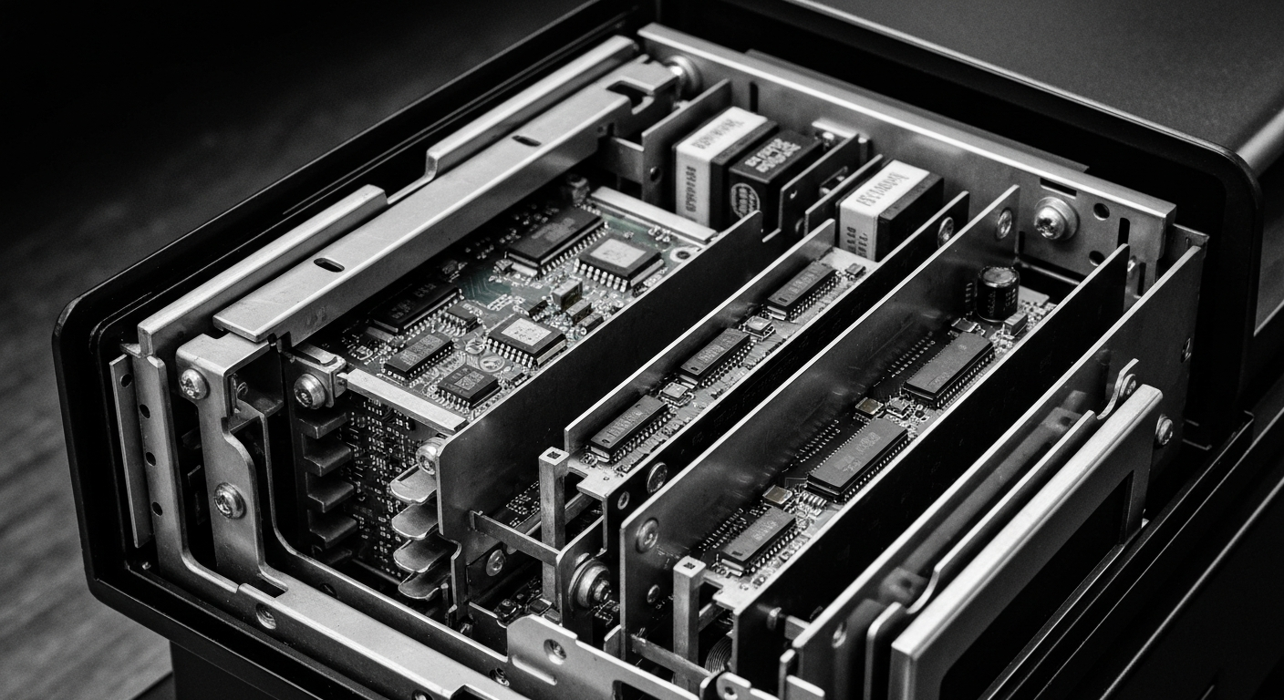 An extreme close-up of the internal components and circuitry of a point-of-sale terminal, rendered in high-contrast black and white with a gritty, industrial aesthetic, conceptually representing the complex financial infrastructure supporting modern restaurant technology.