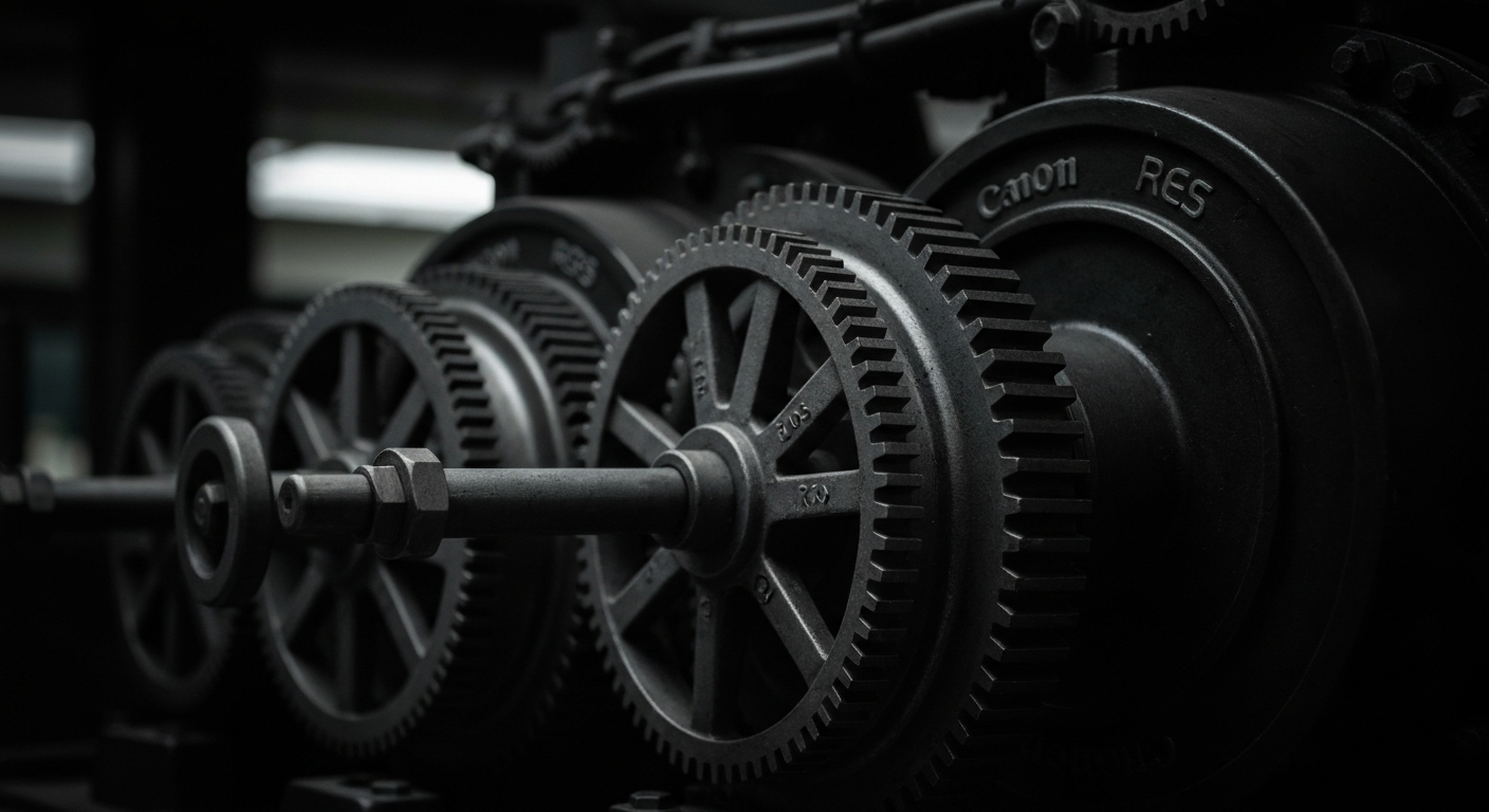 An extreme close-up of the heavy, industrial machinery and mechanisms that make up the inner workings of a bank vault, conveying a sense of the secure, powerful nature of financial institutions.