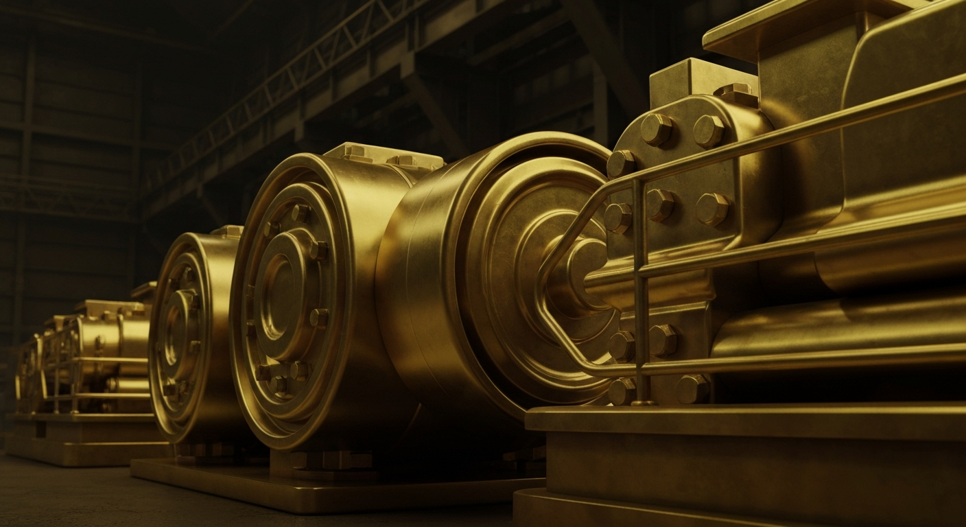 An extreme close-up of gleaming, heavy-duty mining equipment and machinery, conveying the industrial power and institutional stability of the Newmont Corporation.