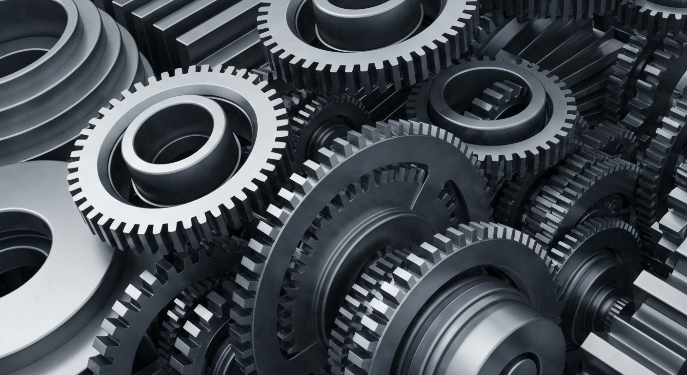 An extreme close-up of intricately engineered metal machinery and components, conveying the complex financial infrastructure and institutional power of a major pharmaceutical company.