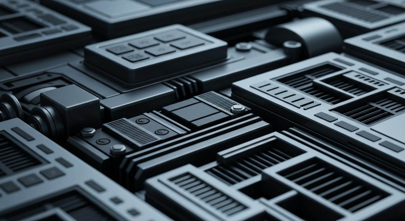 An extreme close-up of intricate, heavy-duty banking equipment and machinery in shades of grey, blue, and black, conveying the institutional power and security of the financial sector as a conceptual representation of an insider stock transaction.