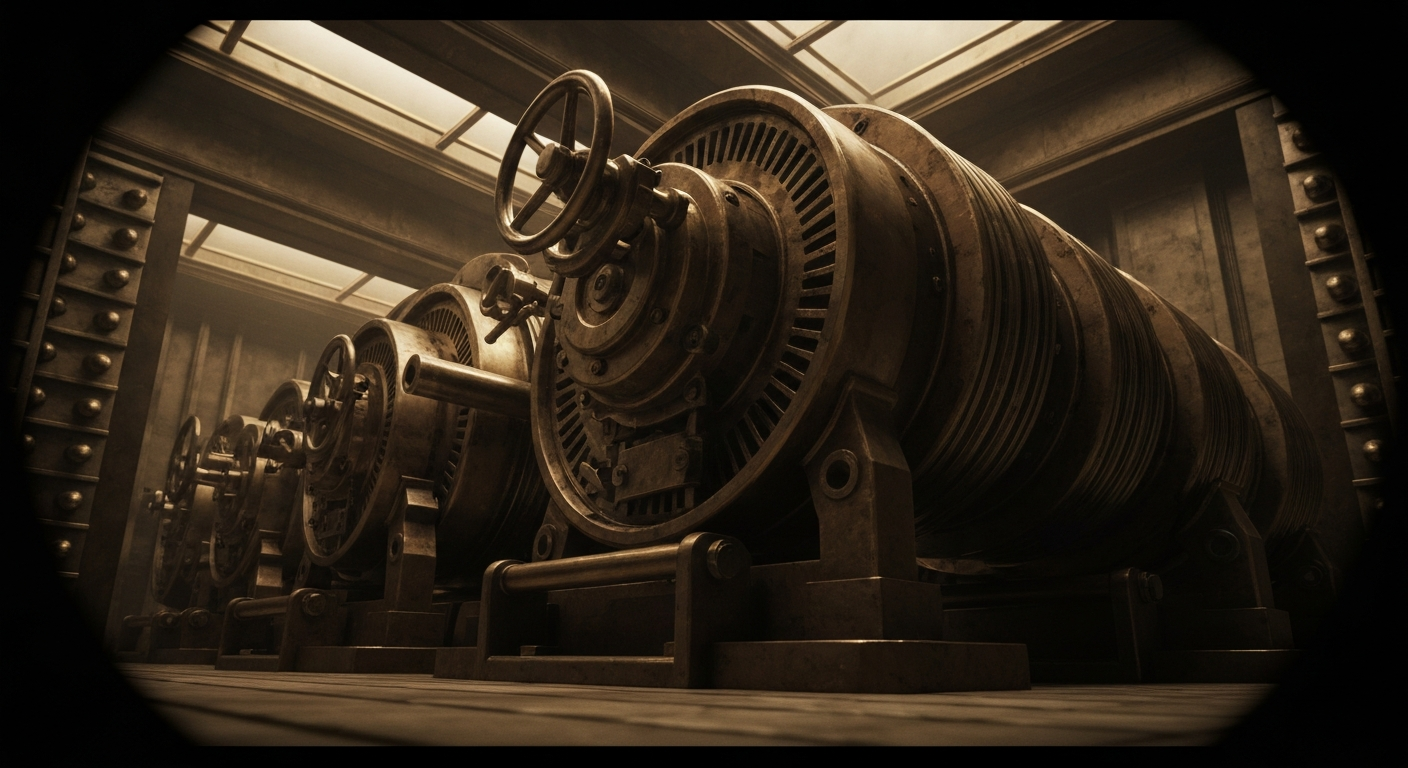 An extreme close-up of the intricate, industrial machinery and gears that power modern banking and finance, conveying the complex, high-stakes world of corporate finance without using literal currency or charts.