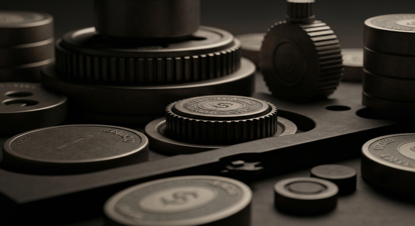 An extreme close-up of complex financial machinery and equipment, conveying the tangible power and security of a major corporation's financial infrastructure.