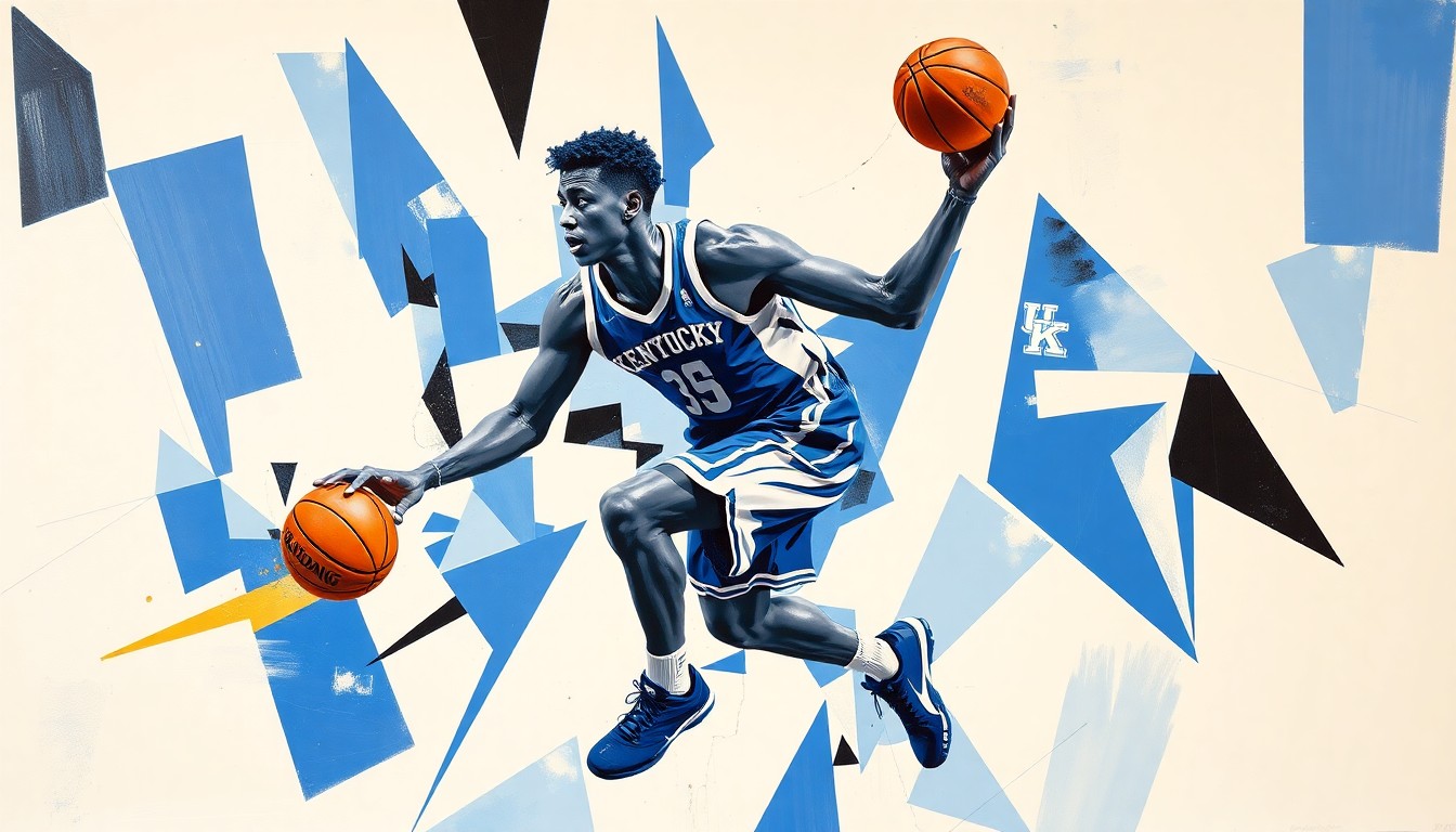 A cubist-style painting depicting a basketball player's movements broken down into overlapping geometric shapes and planes in shades of blue, white, and black.
