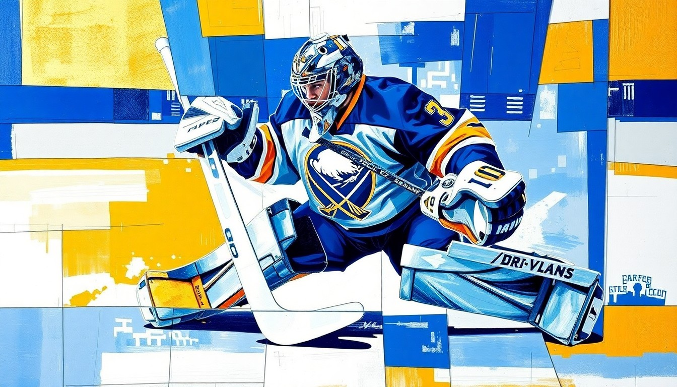 A dynamic, abstract painting depicting a hockey goalie making a save, with the figure broken down into sharp, overlapping geometric shapes in shades of blue, white, and gold, conveying the energy and intensity of the sport.