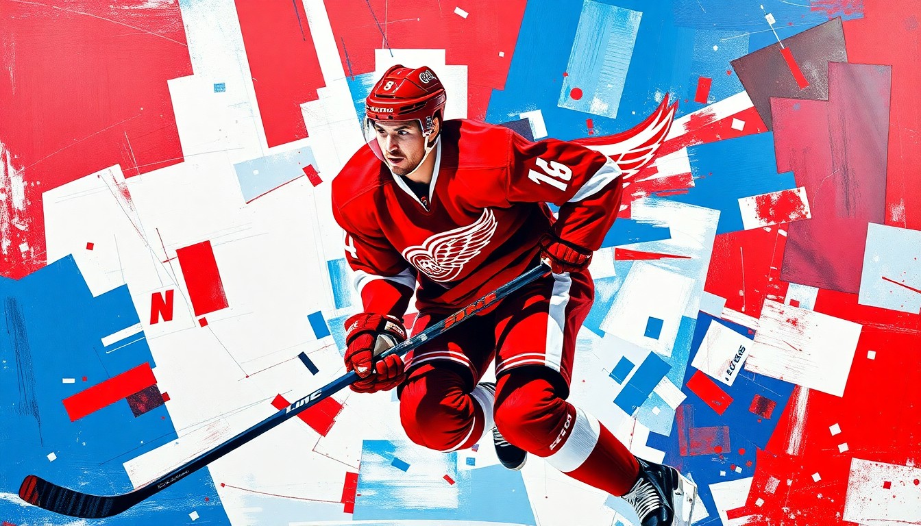 A fragmented, geometric painting depicting the dynamic movements of a hockey defenseman, with sharp planes of red, white, and blue representing the Detroit Red Wings' colors and style of play.