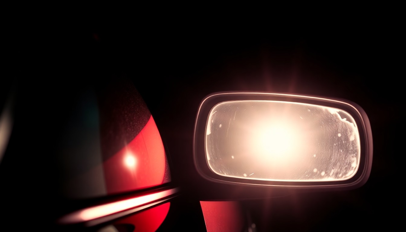 An extreme close-up of a damaged car side mirror, the harsh flash creating a stark, gritty aesthetic that conceptually represents the violent incident between the former Turnstile bandmates.