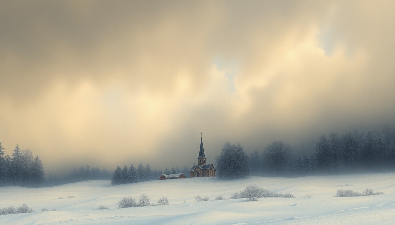 A vast, atmospheric landscape painting in muted tones of gray and white, with a heavy snowstorm obscuring the view of a small church steeple in the distance. The scene conveys the overwhelming power of the winter weather, dwarfing the physical structures and emphasizing the sublime scale of the natural world.