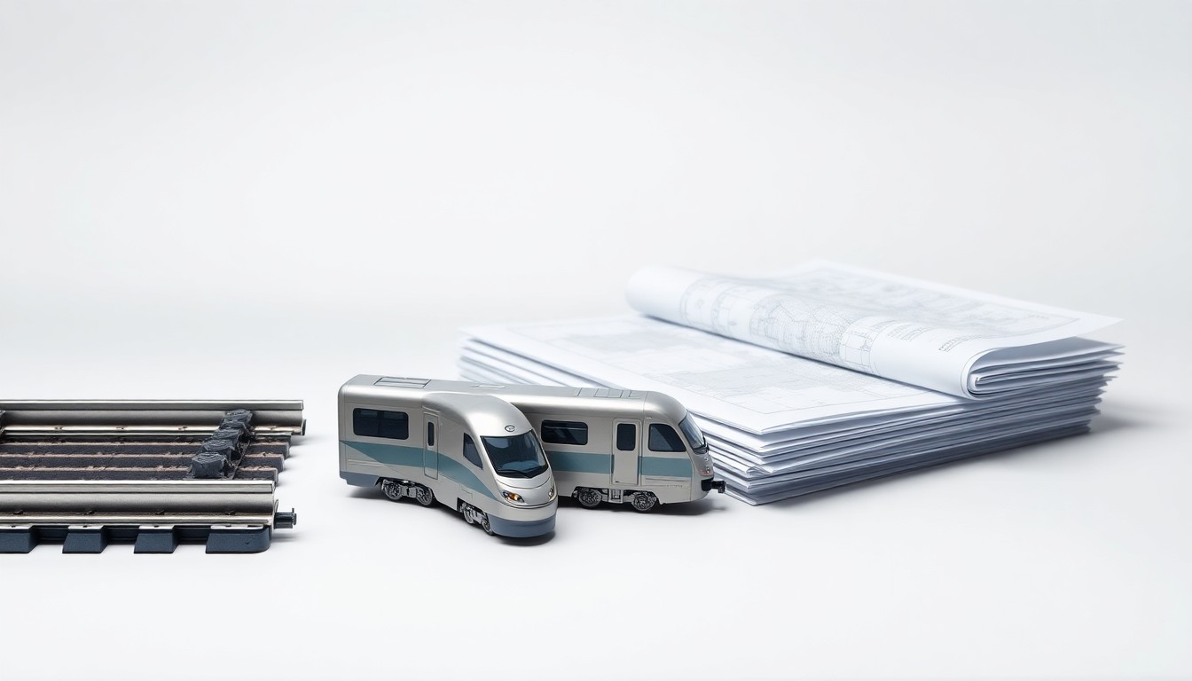 A high-end, photorealistic studio still-life photograph featuring a polished metal rail track segment, a sleek silver train model, and a stack of architectural blueprints arranged elegantly on a clean, monochromatic background, conceptually representing the abstract challenges of infrastructure financing and regional transit planning.