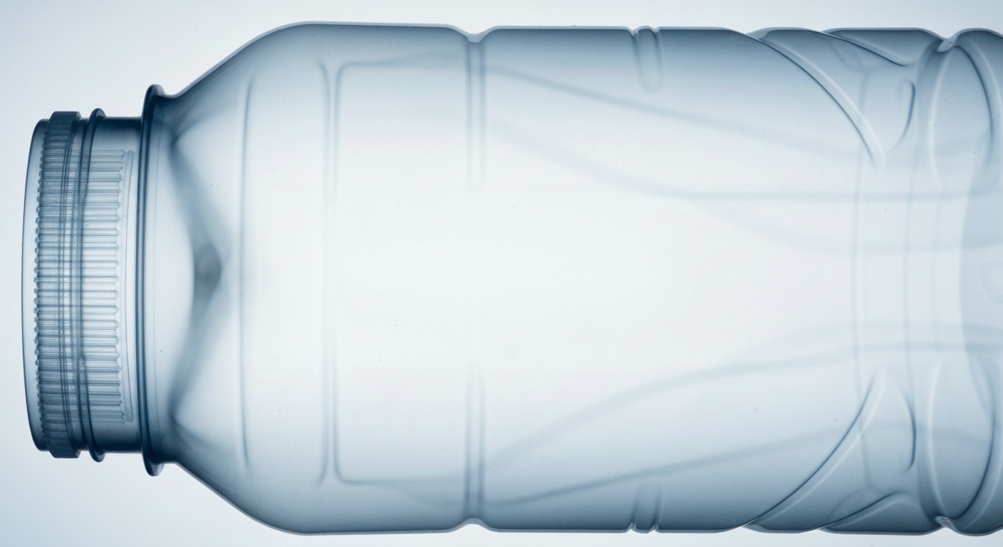 An extreme close-up, translucent X-ray photograph showing the faint, ghostly internal structure of a plastic water bottle, conceptually illustrating the invisible presence of microplastics in drinking water.