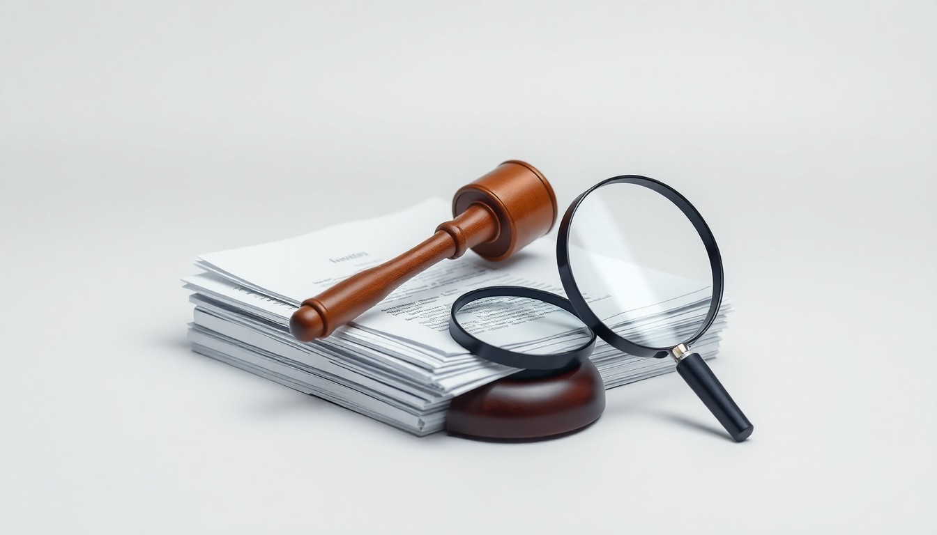 A photorealistic studio still life featuring a stack of legal documents, a gavel, and a magnifying glass arranged on a clean, monochromatic background, conceptually representing a corporate fraud investigation.
