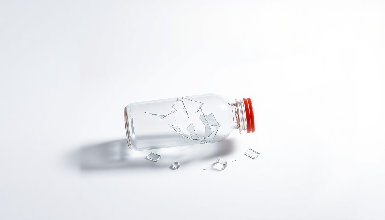 A photorealistic studio still-life image featuring a shattered glass bottle or vial on a clean, monochromatic background, symbolizing the alleged issues with Hims & Hers' pharmaceutical products.