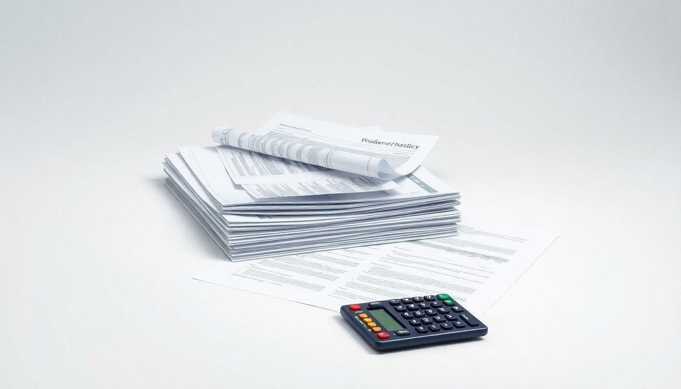 A high-end, photorealistic studio still-life featuring a stack of financial reports and a broken calculator on a clean, monochromatic background, conceptually representing the abstract corporate strategy and financial challenges facing Molina Healthcare.