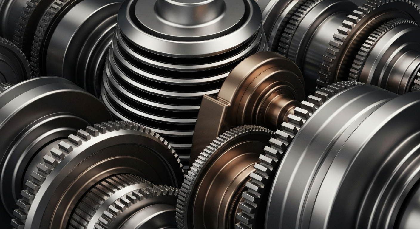 An extreme close-up of intricate, industrial banking machinery and gears in shades of steel, bronze, and chrome, conveying the secure, institutional power of the financial services industry.