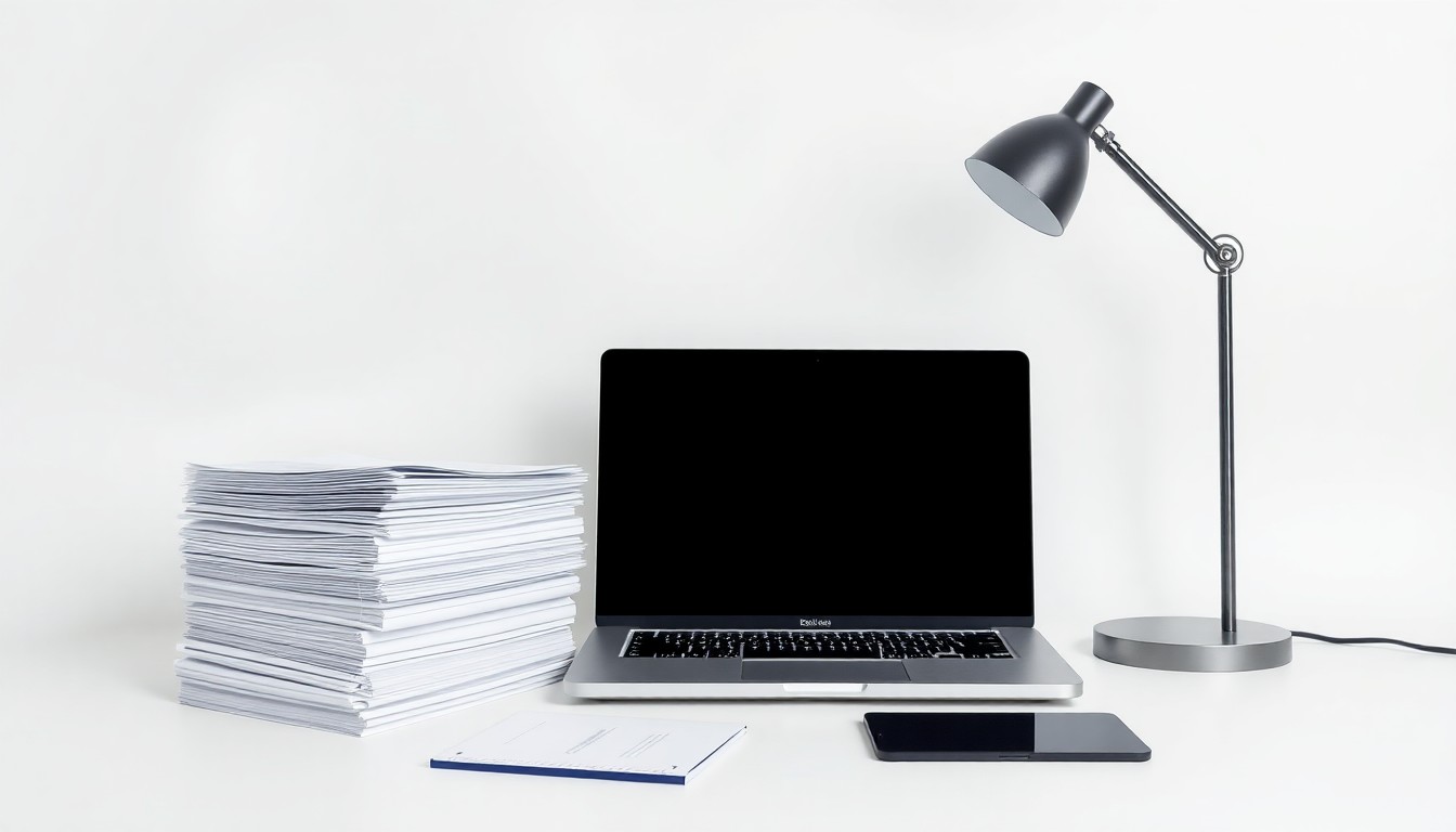 A minimalist, photorealistic studio still life featuring a stack of business documents, a laptop, and a desk lamp, symbolizing the technology-driven growth and optimization of back-office operations in the business services industry.