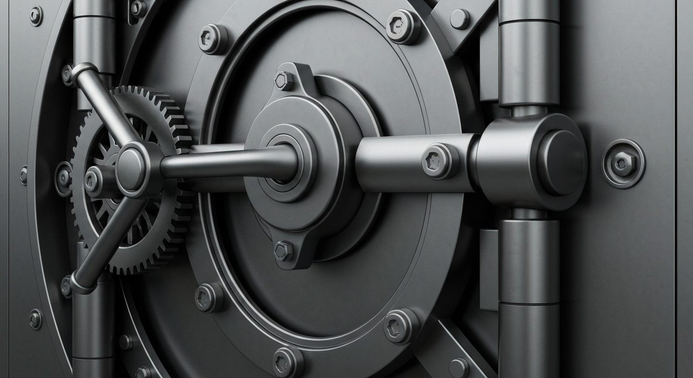 An extreme close-up of the complex mechanical components of a bank vault door, conveying the secure, industrial nature of financial institutions.