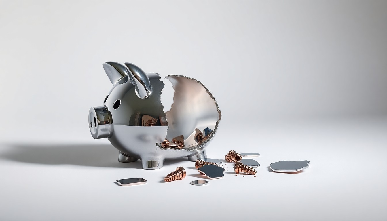 A photorealistic studio still life of a shattered chrome piggy bank lying on a clean white background, representing the financial losses from the alleged securities fraud at New Era Energy.